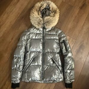 SAM. Girl 14 Shiny Silver Puffer Jacket with Raccoon Fur Hood